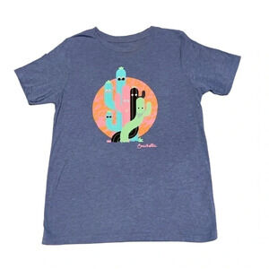 Official Coachella Cartoon Cactus Design T-Shirt - Short Sleeve Blue Crewneck XL